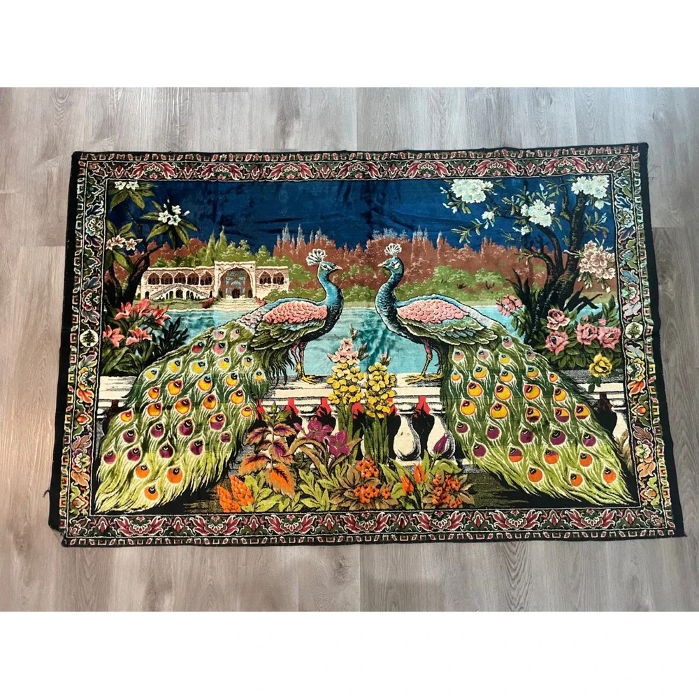 Vintage Turkish Velvet Peacock Tapestry Rug 1970s Wall Hanging 75x49 Boho Decor